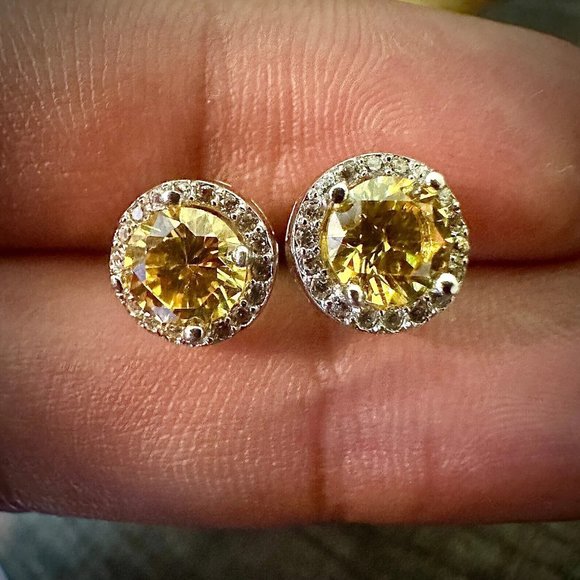 Citrine Earrings Sterling Silver 925 White Topaz Created Stud Earrings For Women - Picture 4 of 9